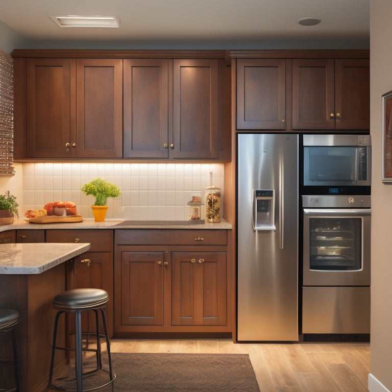 A kitchen corner with a carousel cabinet, a pull-out trash can, and a wall-mounted spice rack, surrounded by sleek countertops and modern appliances, with a warm, inviting lighting.