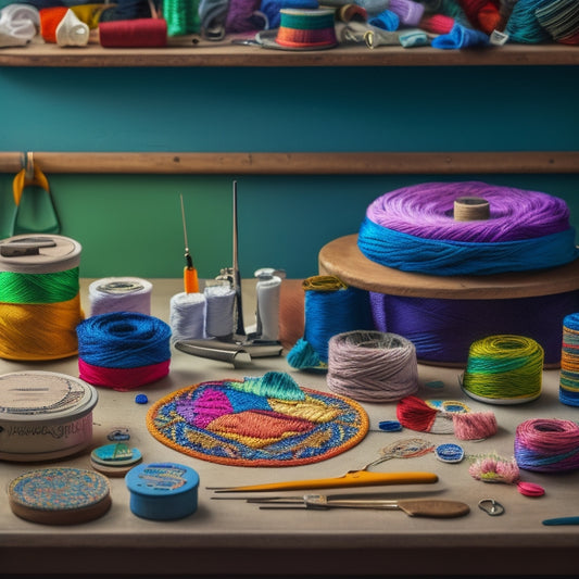 A colorful, organized workspace featuring an assortment of embroidery supplies, including threads, needles, hoops, scissors, and fabric, arranged artfully around a central, partially completed embroidery project.