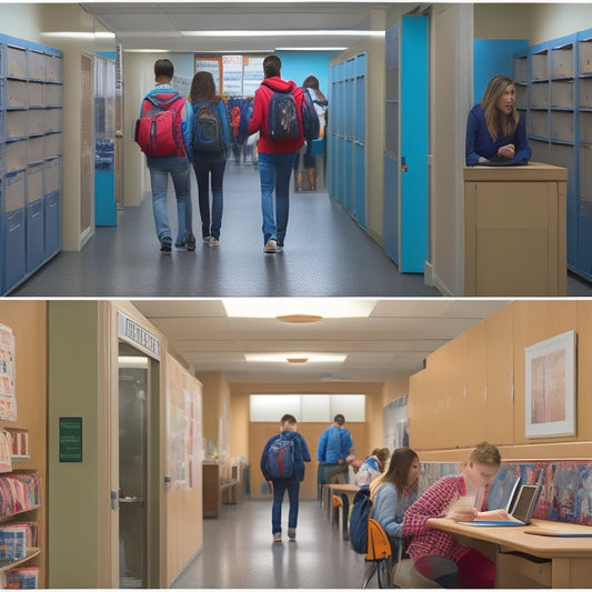 A split-screen image featuring a bustling high school hallway with lockers, backpacks, and students in the background, contrasted with a cozy home study area with a desk, laptop, and a single student focused on their work.