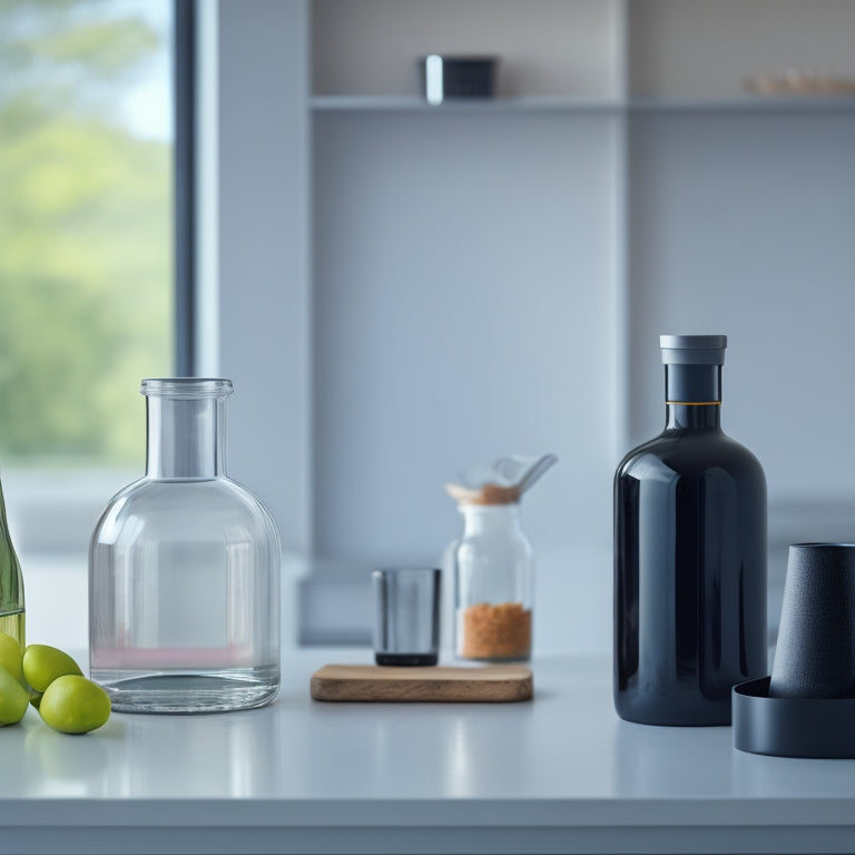 A sleek, modern kitchen countertop with a single, matte black bottle holder centered, holding a clear glass bottle with a subtle water reflection, against a soft, creamy white background.