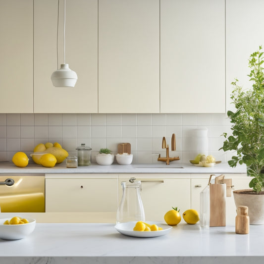 A serene, well-organized kitchen with a minimalist aesthetic, featuring a clutter-free countertop, a few strategically placed utensils, and a single, perfectly ripe lemon on a sleek, white surface.