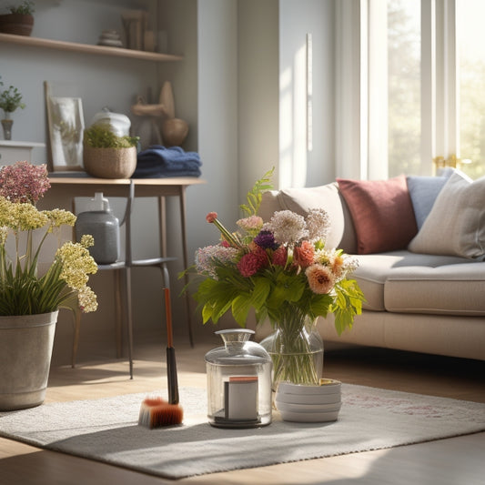 A serene, sunlit living room with a few strategically placed cleaning supplies, such as a vacuum, mop, and dustpan, amidst a backdrop of freshly organized shelves and a blooming floral arrangement.