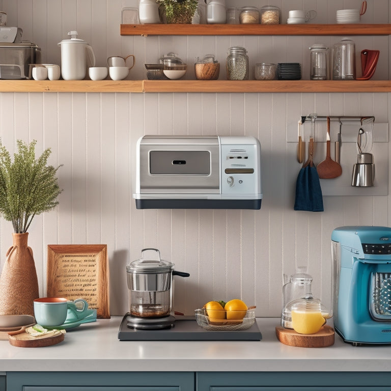 A tidy, modern kitchen with a wall-mounted pegboard holding a toaster, blender, and coffee maker, and a sliding cabinet organizer storing a stand mixer and slow cooker.