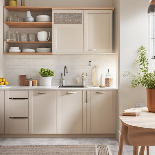 A bright, modern kitchen with sleek countertops and a neutral color palette, featuring a pull-out spice rack, a wall-mounted pot lid organizer, and a slide-out trash can with a wooden finish.