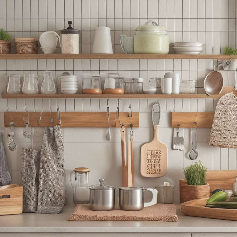 A tidy kitchen counter with 10 distinct utensil storage solutions, including a wooden utensil block, a hanging pot rack, a ceramic jar with spoons, and a pegboard with hooks.