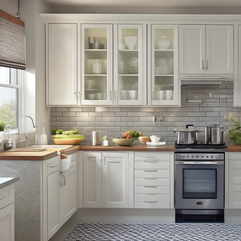 A modern kitchen with white cabinets, stainless steel appliances, and dark countertops, featuring lid racks installed on the inside of cabinet doors, holding various pot lids in a tidy, organized manner.