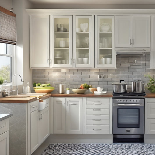 A modern kitchen with white cabinets, stainless steel appliances, and dark countertops, featuring lid racks installed on the inside of cabinet doors, holding various pot lids in a tidy, organized manner.