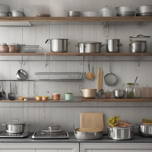 A tidy kitchen with a stainless steel lid rack mounted on a wall, holding various sizes of lids in a compact and organized manner, with a few cookbooks and utensils nearby.