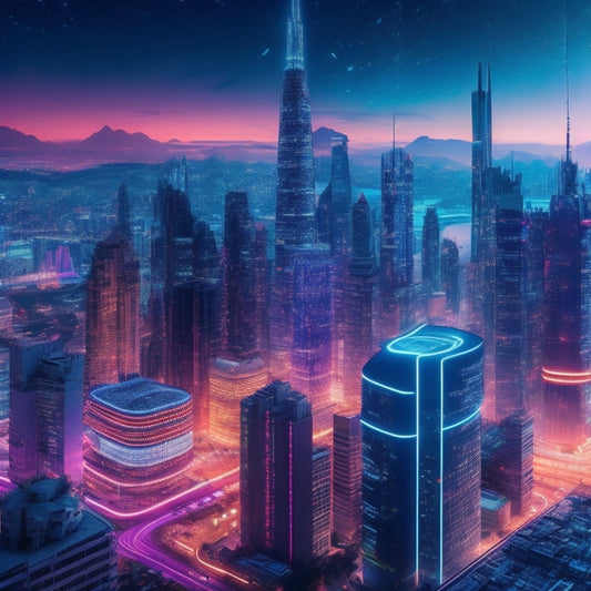 A futuristic cityscape with sleek skyscrapers and glowing neon lights, featuring a giant puzzle piece fitting into place, surrounded by orbiting icons of clocks, files, and charts, symbolizing harmony and efficiency.