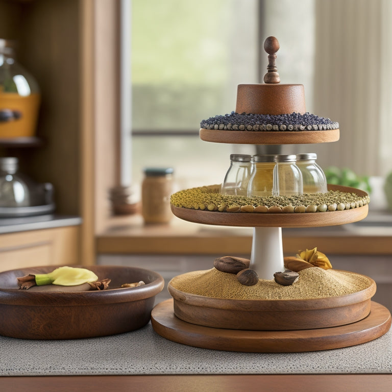 A clutter-free kitchen counter with a wooden spice rack, a tiered carousel, and a magnetic board, each holding various spice bottles of different shapes and sizes, against a warm, creamy background.