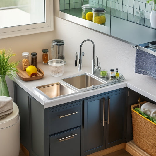 A sleek, modern kitchen sink area with a REALINN Under Sink Organizer installed, featuring two slide-out drawers, a utensil holder, and a soap dispenser, surrounded by tidy kitchen essentials.