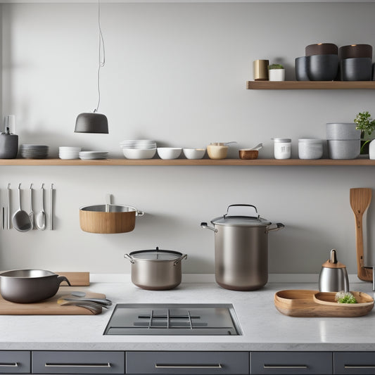 A modern kitchen with sleek countertops, featuring a Yamazaki Home pot organizer in the corner, holding various pots and pans of different sizes, with a few utensils hung from the side.