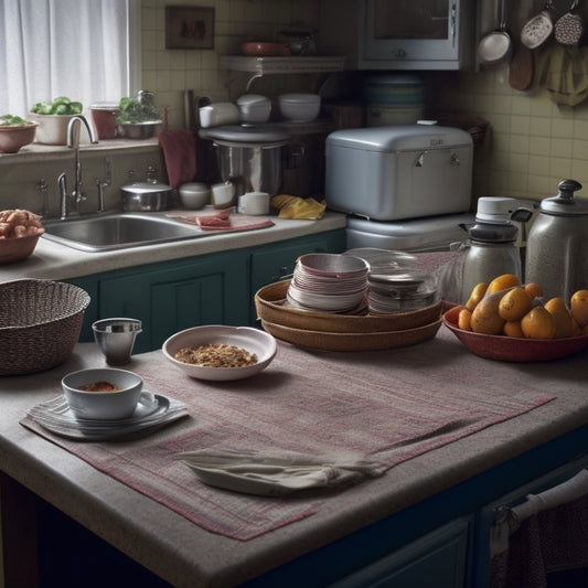 A cluttered kitchen counter with stacked dirty dishes, scattered mail, and expired coupons, surrounded by dusty appliances and a worn-out checkered tablecloth, under harsh overhead lighting.