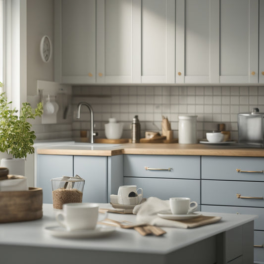A serene kitchen with three tidy zones: a utensil organizer near the sink, a designated homework area with a small desk and chair, and a minimalist coffee station with a few favorite mugs.
