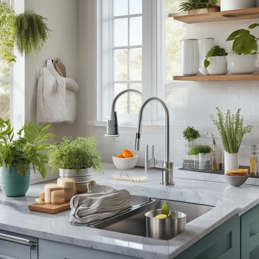 A bright, modern kitchen with sleek countertops, featuring a stainless steel sink equipped with a tiered organizer system, holding utensils, soap dispensers, and a small potted plant.