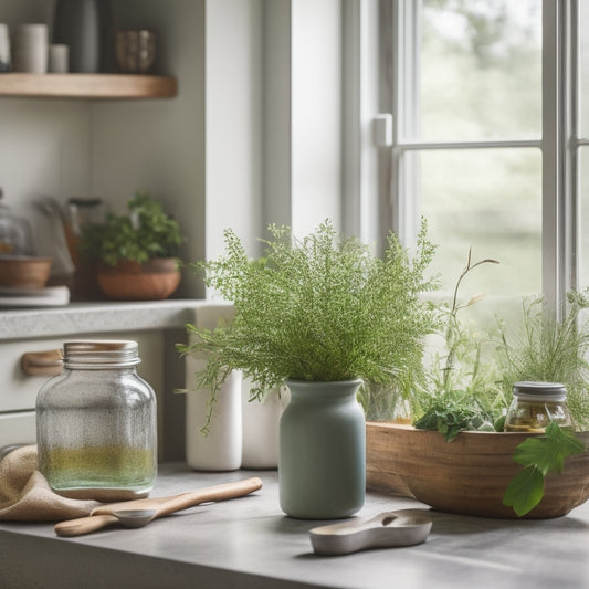 A clutter-free kitchen counter with a small, thrifted vase holding a single, fresh herb plant, surrounded by a few strategically-placed, repurposed items like mason jars and a wooden spoon.