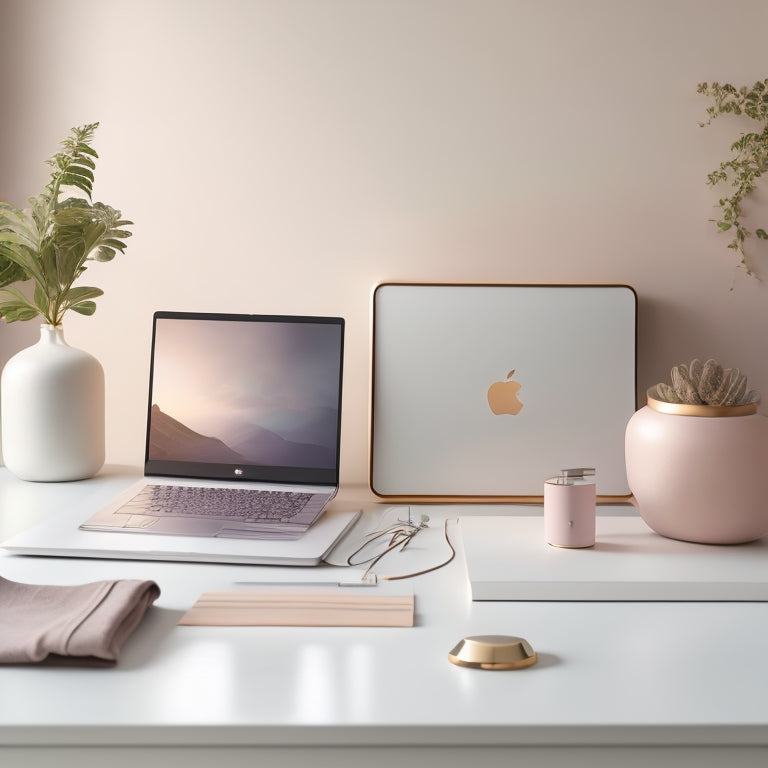 A serene, minimalist desk with a sleek laptop, a tidy cable organizer, and a few neatly labeled folders, surrounded by a subtle, calming background with soft, pastel colors.