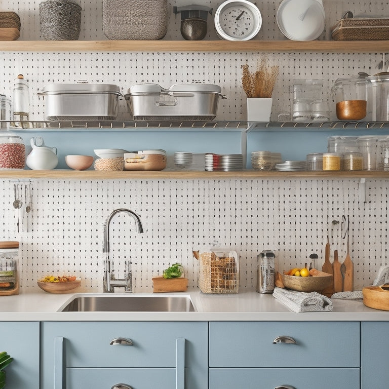 A bright, modern kitchen with sleek countertops, stainless steel appliances, and cleverly organized storage solutions, including a pegboard with hanging utensils and a carousel spice rack.