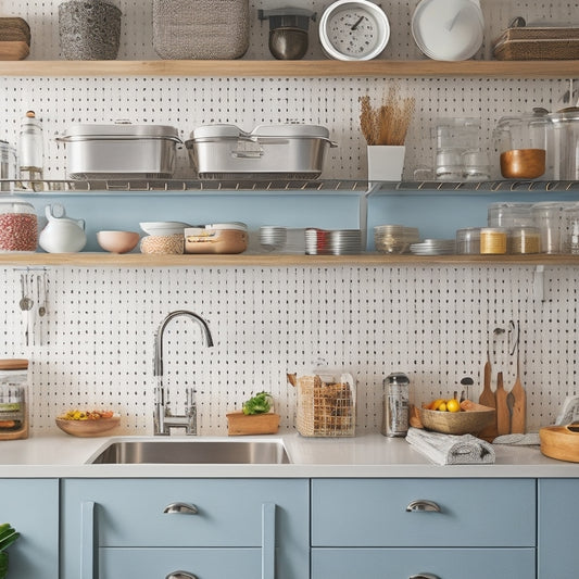 A bright, modern kitchen with sleek countertops, stainless steel appliances, and cleverly organized storage solutions, including a pegboard with hanging utensils and a carousel spice rack.