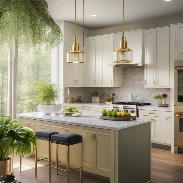 A bright, modern kitchen with sleek, high-gloss cabinets, a large island with a built-in cooktop, and a stunning pendant light fixture above, surrounded by lush greenery and warm, golden lighting.