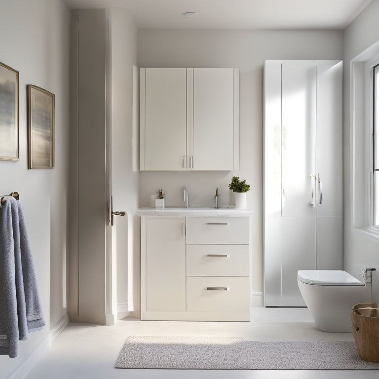 A serene, minimalist bathroom with a wall-mounted fold-down shelf, a pedestal sink with built-in storage, and a floor-to-ceiling cabinet with mirrored doors and a hidden laundry basket.