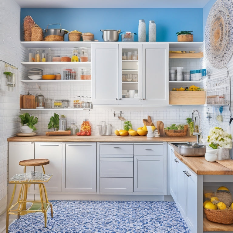 A bright, modern kitchen with creamy white cabinets, warm wood countertops, and a large, stainless steel refrigerator, featuring a pegboard with utensils, a spice rack, and a tiered shelving unit with colorful storage bins.