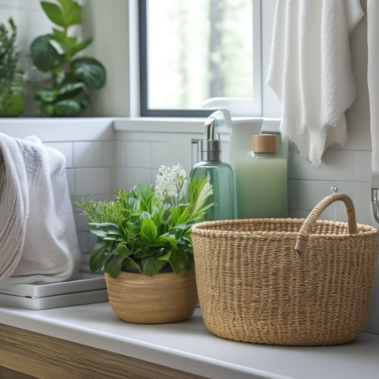 A clutter-free kitchen sink area with a stylish DIY storage basket, woven from natural fibers, holding a few neatly arranged soap bottles, a loofah, and a small potted plant.