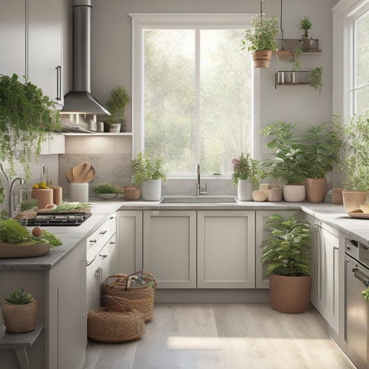 A serene kitchen interior with soft, warm lighting, featuring a minimalist aesthetic, with organized cabinets, a clutter-free countertop, and a few strategically placed potted plants.