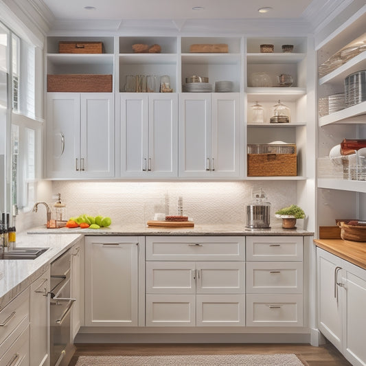 A well-lit, modern kitchen with custom pantry shelving featuring adjustable wooden shelves, wire baskets, and pull-out drawers, surrounded by white cabinets and sleek countertops.