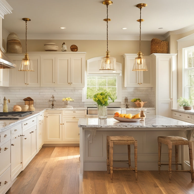 A warm, airy kitchen with creamy cabinets, marble countertops, and a large island with a farmhouse sink, surrounded by gleaming hardwood floors and a stunning pendant light fixture above.