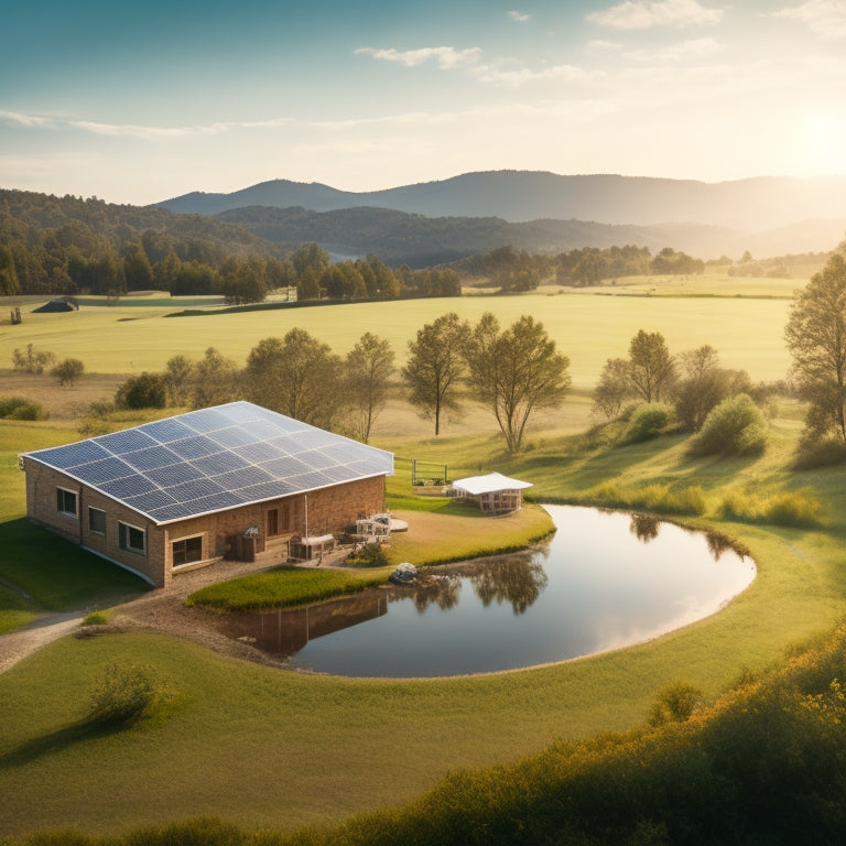 A serene, sunlit landscape with a self-sufficient homestead in the background, featuring a large, overflowing water tank, a lush garden, and a few solar panels, surrounded by rolling hills and trees.