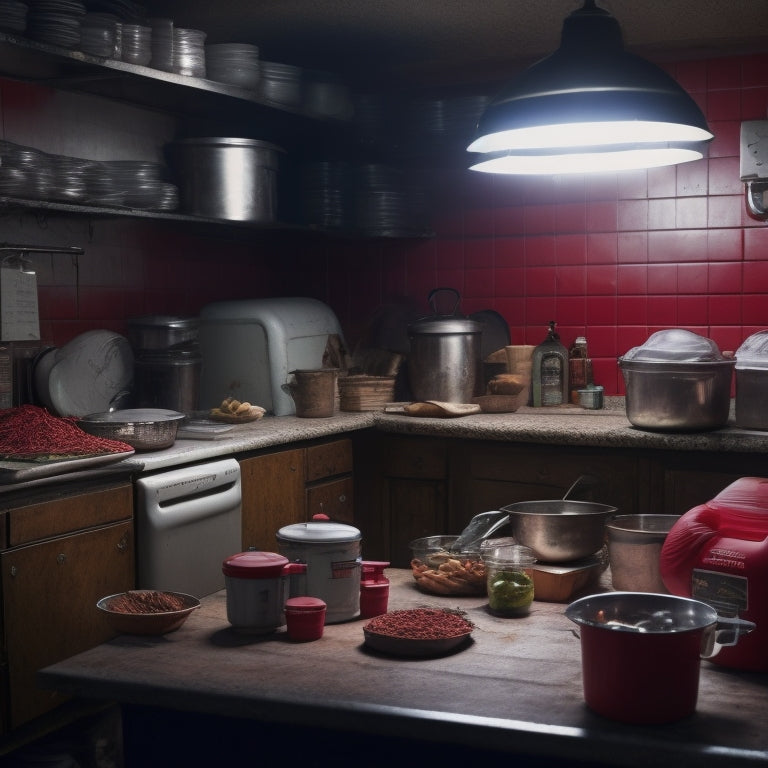 A dimly lit, cluttered commercial kitchen with expired food containers, dirty utensils, and a cockroach crawling on the counter, surrounded by scattered health inspection reports with red stamps.