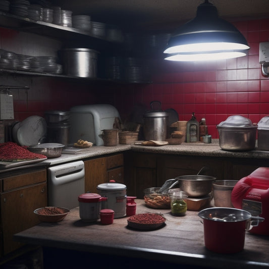 A dimly lit, cluttered commercial kitchen with expired food containers, dirty utensils, and a cockroach crawling on the counter, surrounded by scattered health inspection reports with red stamps.