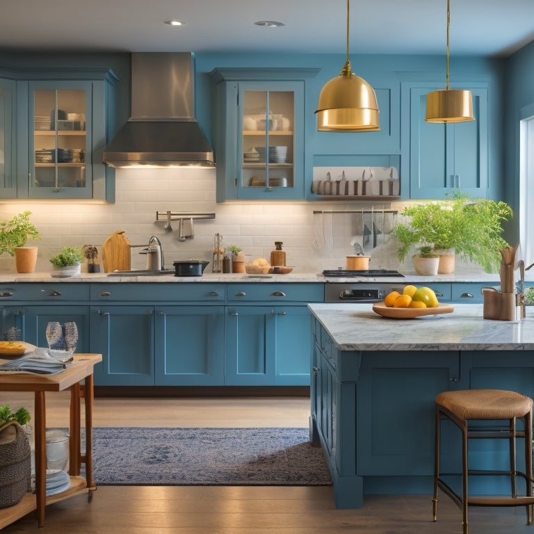 A serene, well-organized kitchen with a central island, sleek countertops, and a few strategically placed utensils, surrounded by a subtle glow, conveying a sense of efficiency and calm productivity.