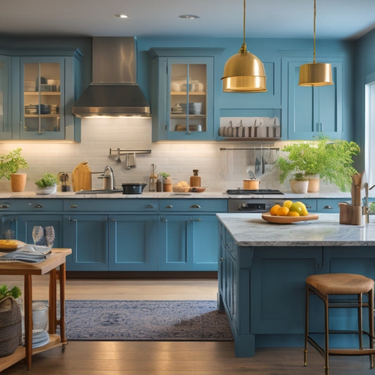 A serene, well-organized kitchen with a central island, sleek countertops, and a few strategically placed utensils, surrounded by a subtle glow, conveying a sense of efficiency and calm productivity.