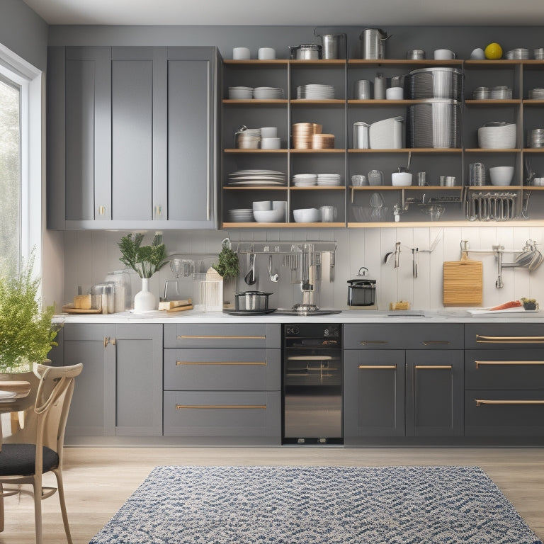 A tidy, modern kitchen with a compact island, wall-mounted pot rack, and a pegboard with utensils, surrounded by sleek cabinets with pull-out drawers and a narrow, slide-out trash can.