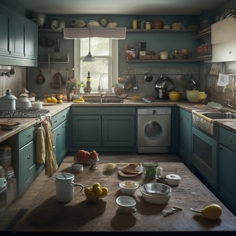 A messy kitchen with cluttered countertops, a few open cabinets, and a narrow gap between the top of the cabinets and the ceiling, with a few dust bunnies and forgotten items hidden in the shadows.