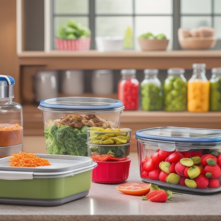 A neat and organized kitchen countertop with three identical meal prep containers, each filled with a different healthy meal, surrounded by a few fresh ingredients and a small kitchen scale.