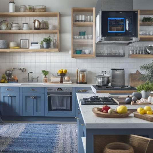 A modern kitchen with a clean countertop, a few utensils, and a tablet or smartphone displaying a kitchen organization app, surrounded by open cabinets with labeled baskets and containers.