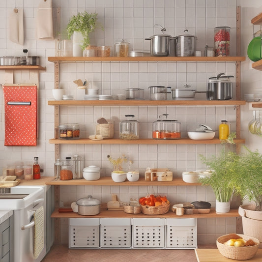 A clutter-free small kitchen with a U-shaped countertop, featuring a wall-mounted pegboard with hanging utensils, a slide-out spice rack, and a tiered shelving unit with baskets and jars.