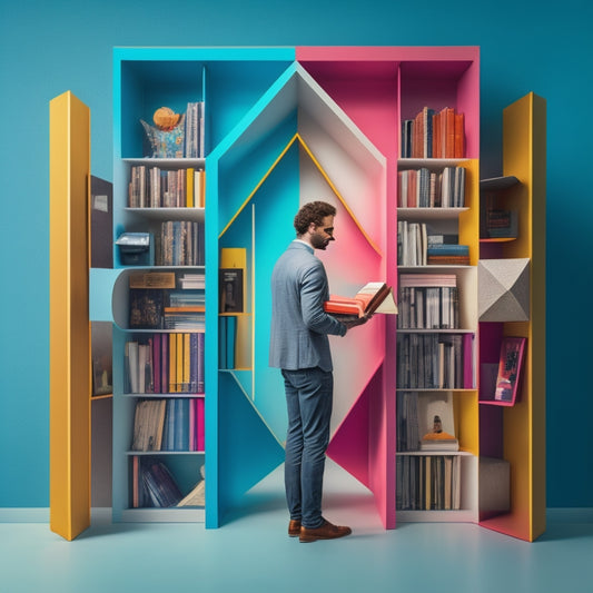 An illustration of a person standing in front of a colorful, geometric-shaped bookshelf, with various objects and symbols emerging from the books, representing different skills and subjects.