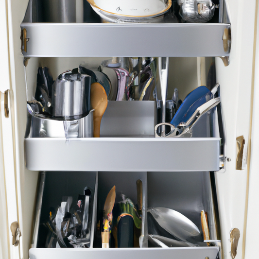 Say goodbye to cluttered kitchen cabinets with Glideware's Pull-Out Organizer. Maximize space and efficiency in your kitchen today!