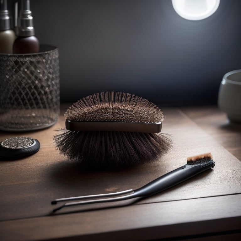 A worn, tangled hairbrush lies on a cluttered vanity, surrounded by hair strands and dust bunnies, next to a clean, shiny brush with neatly arranged bristles, on a crisp white background.