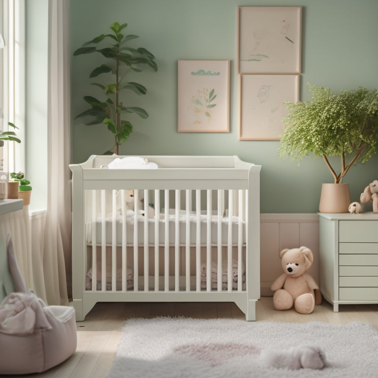 A serene, pastel-colored nursery with a minimalist crib, a few toy blocks, and a changing station with neatly organized diapers and wipes, surrounded by calming greenery.