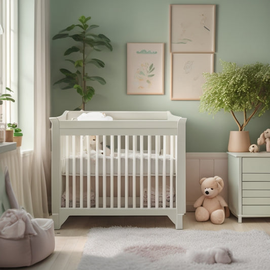 A serene, pastel-colored nursery with a minimalist crib, a few toy blocks, and a changing station with neatly organized diapers and wipes, surrounded by calming greenery.