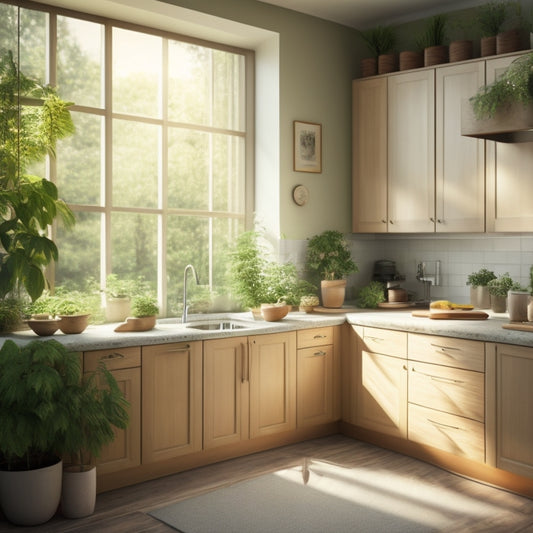 A serene kitchen scene featuring a minimalist island, natural wood cabinets, and a large window with lush greenery outside, bathed in soft, warm morning light.