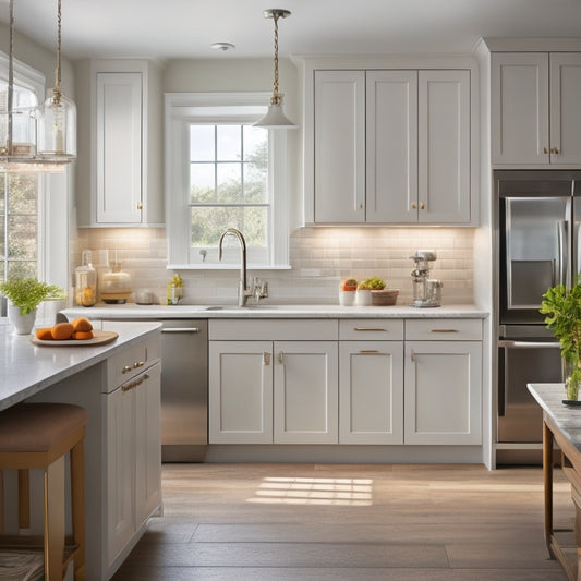 A bright, modern kitchen with lowered countertops, roll-out shelves, and a sink with clearance for a wheelchair, surrounded by warm lighting and a neutral color scheme.