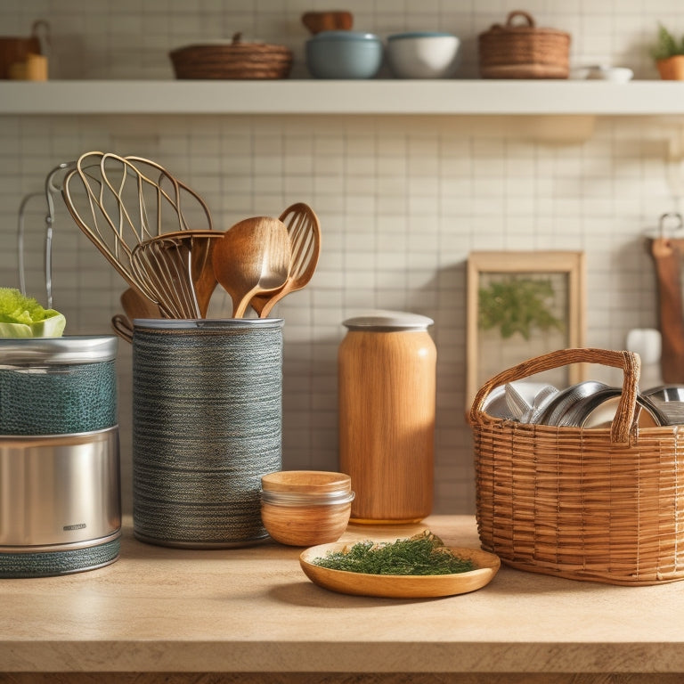 A clutter-free kitchen countertop with a few strategically placed utensil holders in various shapes, sizes, and materials, such as woven baskets, metal canisters, and wooden crates.