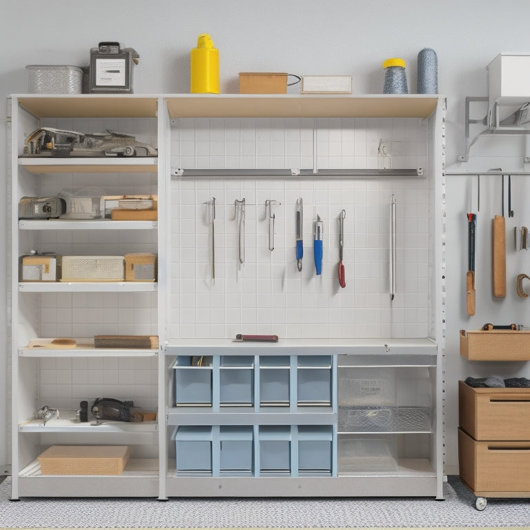 A clutter-free garage or workshop with CozyBlock's Steel Organizer in the center, featuring 10-12 compartments of varying sizes, with tools and equipment neatly arranged and labeled, against a light gray or beige background.