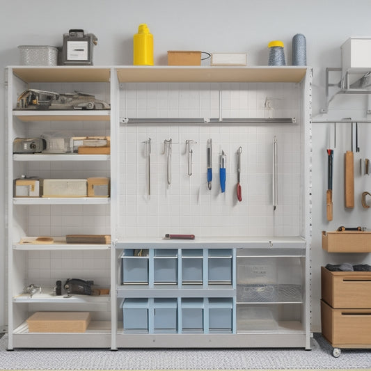 A clutter-free garage or workshop with CozyBlock's Steel Organizer in the center, featuring 10-12 compartments of varying sizes, with tools and equipment neatly arranged and labeled, against a light gray or beige background.